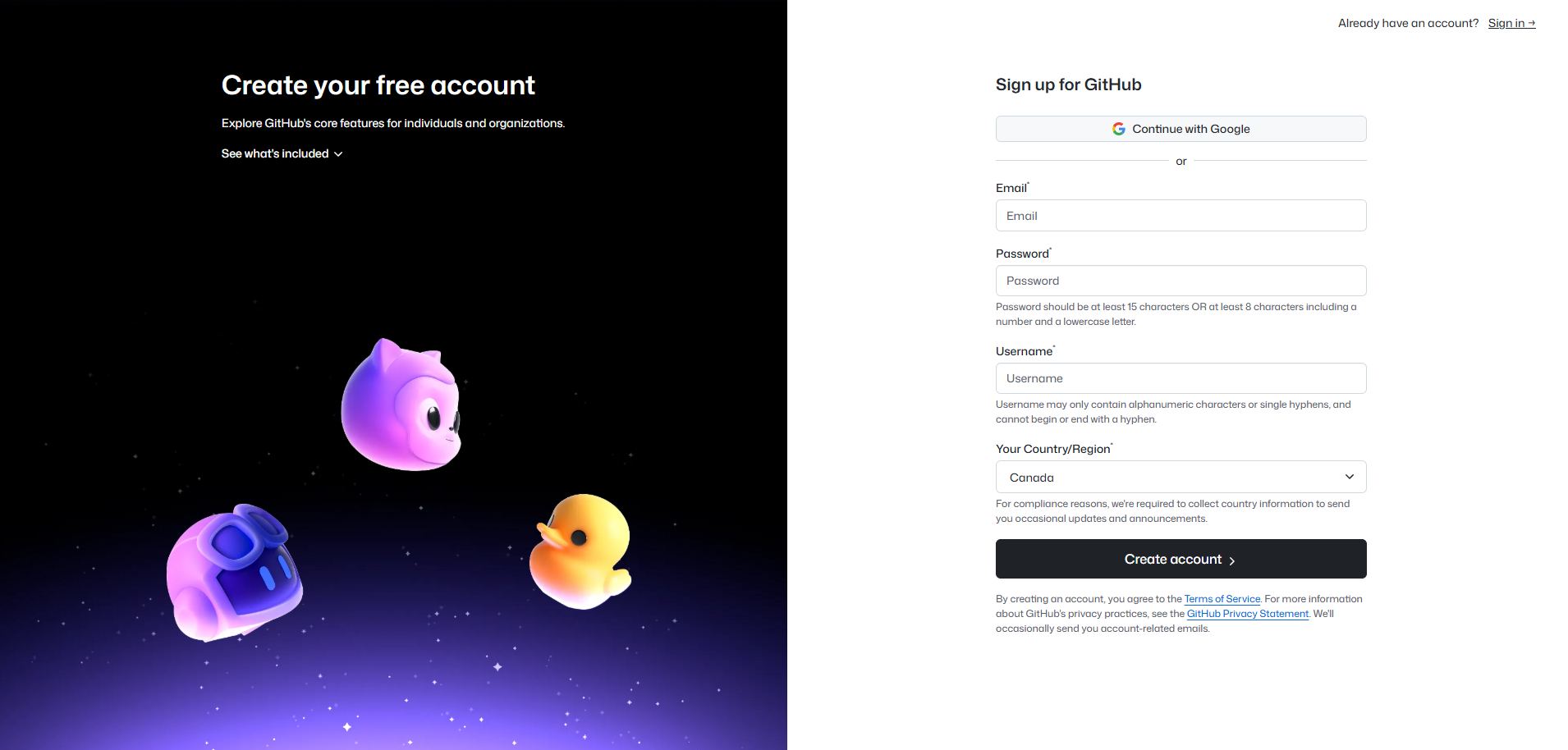 GitHub signup page with Sign up button highlighted, showing email and password input fields