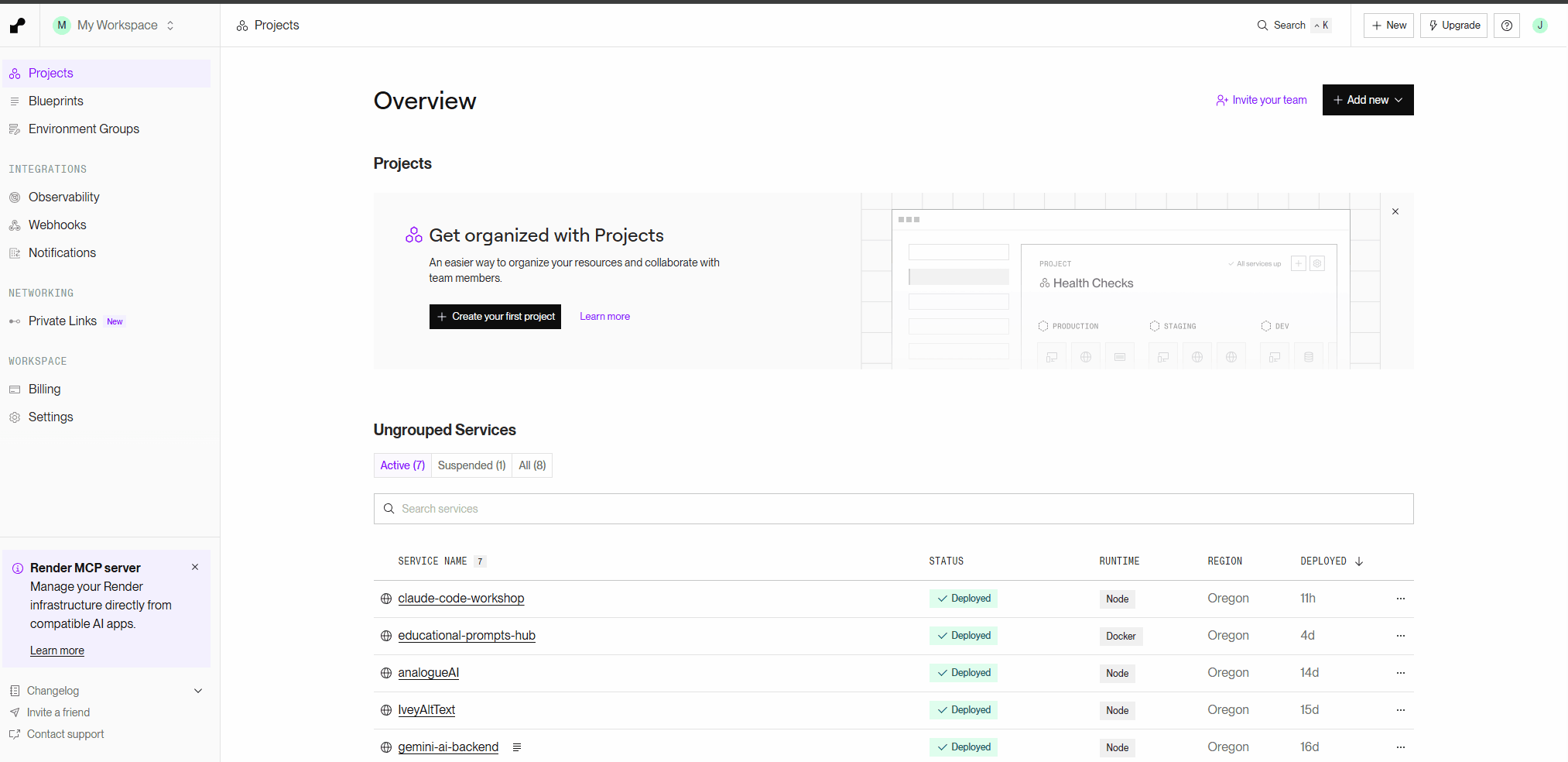 Animated GIF showing Render dashboard with New button being clicked to reveal dropdown menu, then Web Service option selected