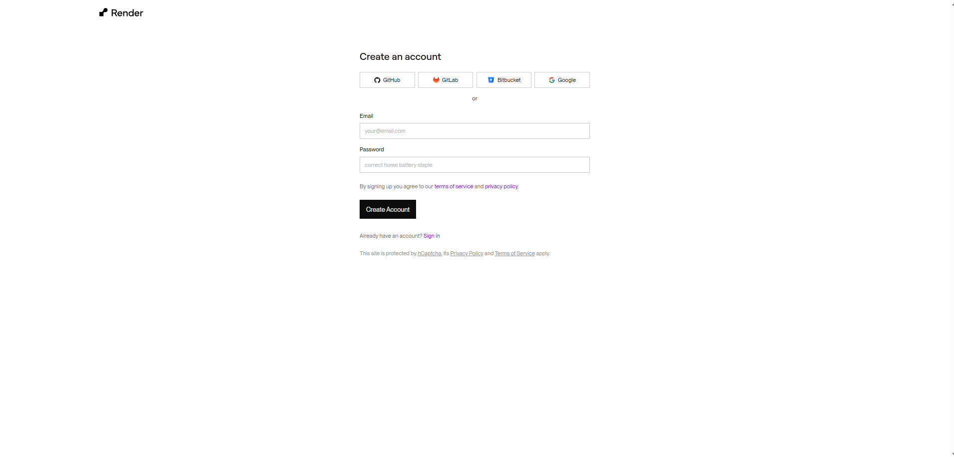 Render registration page showing Create account form with email, name, and password fields